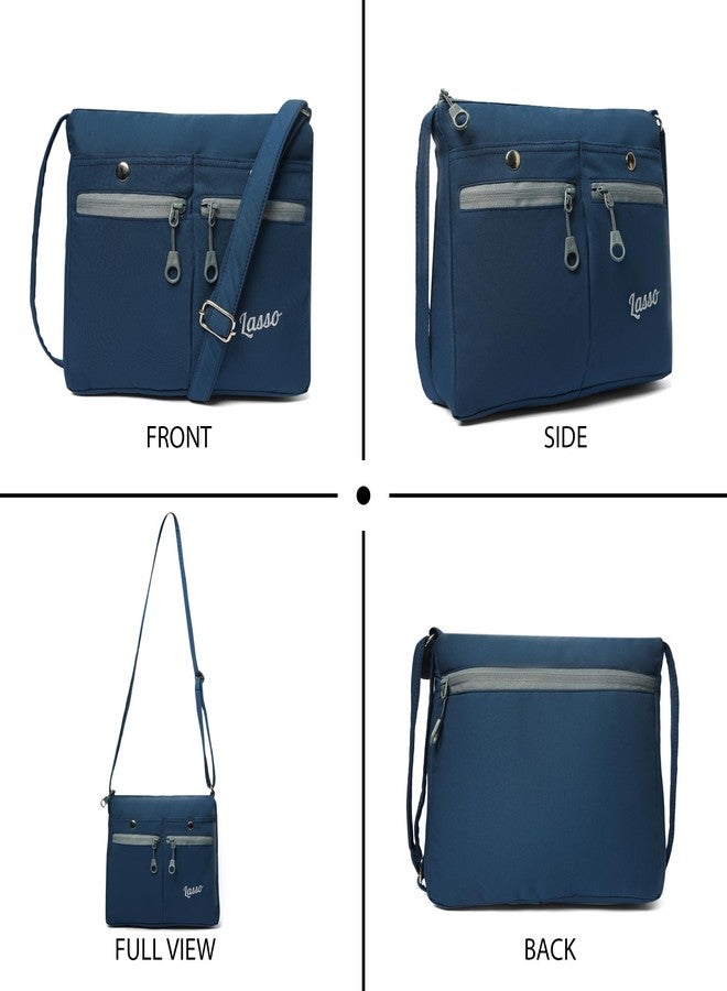 لاسو حقيبة كتف نسائية من لاسو® بحزام قابل للتعديل، أحدث حقيبة كتف أنيقة من البوليستر مناسبة للعمل، والاستخدام اليومي، والسفر، والجامعة | سعة 7 لترات وجيبان أماميان مزدوجان - أزرق ورمادي - Image 5